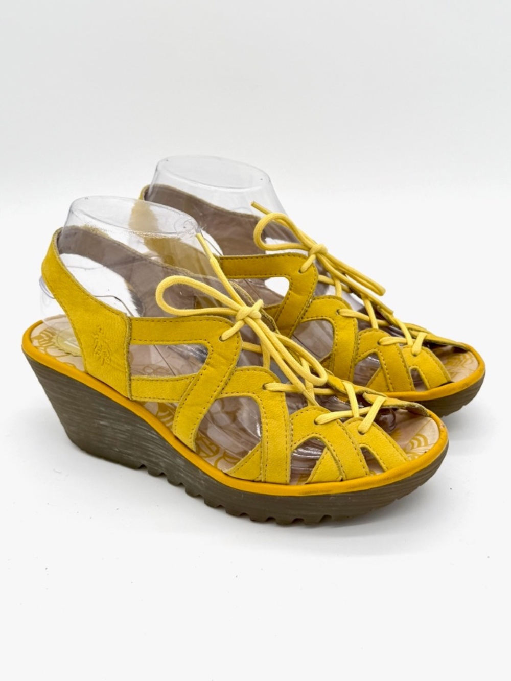 Fly London Yapi Sandals Womens 7 7.5 38 Yellow Leather Lace Up Wedge P500749001